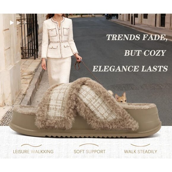 Women's Light Brown Fuzzy Furry Faux Fur Cross Band Arch Open Slippers Shoes - Picture 8 of 8